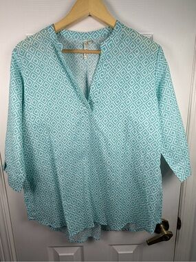 Grand & Greene Linen Blend Tunic Mint Diamonds Coastal Grandmother Boho Chic